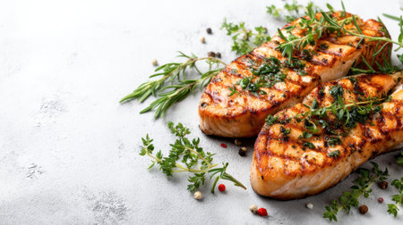 Beautifully plated grilled salmon fillets topped with fresh herbs and spices, showcasing vibrant colors and rich textures. Perfect for culinary inspirations.の素材