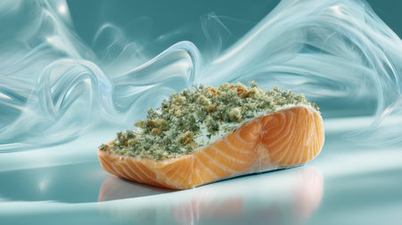 A visually captivating image of a fresh salmon fillet topped with herbs and spices, set against an artistic backdrop with swirling smoke, ideal for food-related projects.の素材