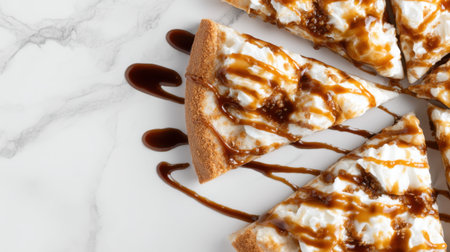 Delight in these decadent slices of caramel dessert topped with fluffy whipped cream, beautifully presented on a sleek marble surface, ideal for food photography.の素材
