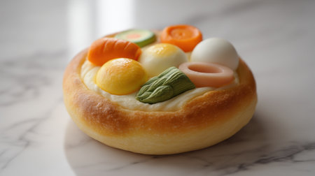 A beautifully crafted round bread topped with an assortment of colorful food decorations, ideal for showcasing culinary creativity and enhancing visual appeal.の素材