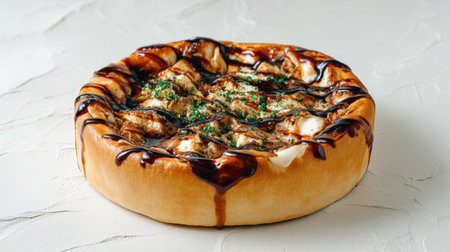 This mouthwatering deep-dish pizza showcases a golden crust filled with delicious toppings and a savory sauce, perfect for meals or gatherings with friends.の素材