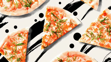 Vibrant pizza slices scattered against a stylish backdrop, showcasing fresh herbs and a creative pattern, perfect for culinary inspiration or food-related designs.の素材