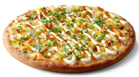 A mouthwatering pizza featuring grilled chicken, melted cheddar cheese, fresh green onions, and a flavorful sauce on a crisp crust, perfect for any occasion.の素材