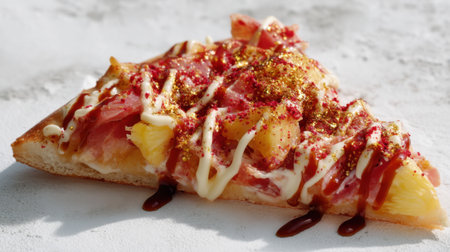 A vibrant slice of pizza topped with sweet pineapple, savory ham, and a drizzle of flavorful sauces, perfect for foodies seeking unique culinary experiences.の素材