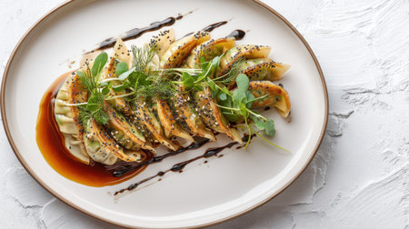 This image showcases beautifully arranged gyoza dumplings on a white plate, enhanced with fresh herbs and a rich dipping sauce, perfect for food lovers.の素材