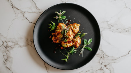 This image showcases gourmet dumplings artfully plated with fresh herbs and drizzled sauce, set against a chic black plate and elegant marble background, perfect for culinary inspirations.の素材