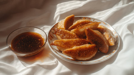 A beautifully arranged plate of golden pan-fried dumplings accompanied by a bowl of rich soy sauce dip, perfect for food lovers and culinary enthusiasts.の素材