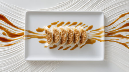 This image features crispy dumplings artfully arranged on a white plate, complemented by an elegant sauce drizzle, perfect for showcasing gourmet dining and culinary artistry.の素材
