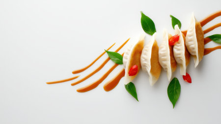 A stunning arrangement of dumplings with rich sauce and fresh herbs, creating a visually appealing display perfect for food enthusiasts and culinary artists.の素材