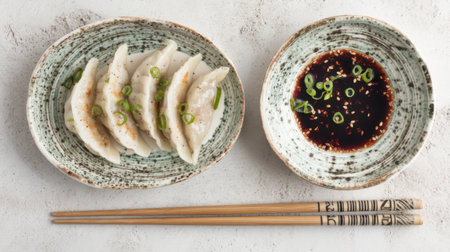 A visually appealing arrangement of dumplings served on elegant plates with a side of soy sauce and topped with green onions, perfect for any food lover.の素材