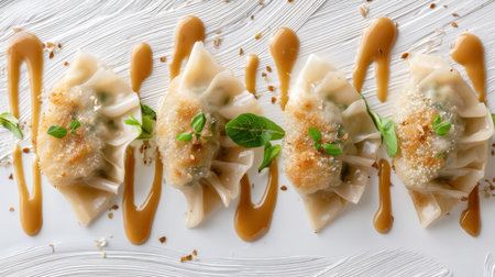 A beautifully arranged plate of gourmet dumplings features fresh herbs and a drizzle of savory sauce, showcasing an artistic approach to fine dining presentation.の素材