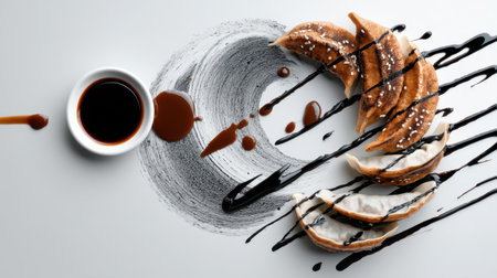 An artistic culinary creation featuring Asian dumplings drizzled with black sauce and served with coffee on a white background, showcasing vibrant textures and flavors.の素材