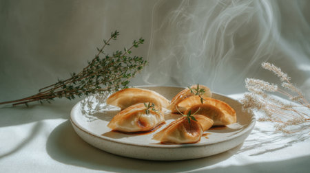 A serene culinary scene featuring golden dumplings on a neutral plate, accompanied by fresh herbs and wisps of steam, perfect for evoking warmth and comfort.の素材