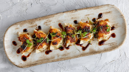 A beautifully arranged plate of golden dumplings drizzled with a rich glaze, complemented by fresh herbs, perfect for showcasing culinary creativity and delicious food.の素材