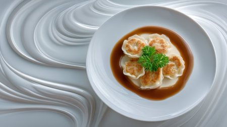 Enjoy this beautifully presented plate of delicious dumplings, enhanced with a rich sauce and fresh herb garnish, perfect for culinary creations or dining experiences.の素材