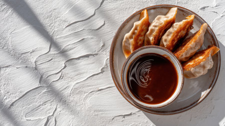 A beautifully arranged plate of golden brown dumplings served with a rich soy sauce, set against a textured white background, ideal for food enthusiasts.の素材