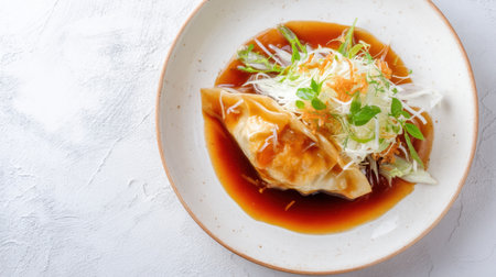 This beautifully presented dumpling is served in savory soy sauce, topped with fresh vegetables and herbs, making it a delightful treat for any food lover.の素材