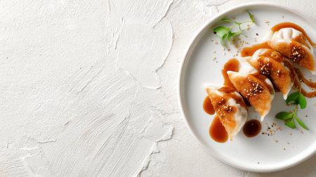A beautifully arranged plate of golden dumplings served with a rich sauce and sesame seeds, perfect for showcasing modern culinary artistry and flavor.の素材