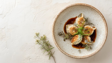 A beautifully styled plate of homemade dumplings served with soy sauce and garnished with fresh herbs. Perfect for food lovers and chefs alike.の素材
