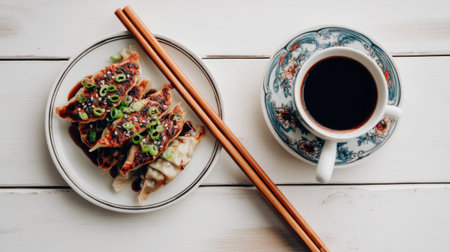 A visually appealing arrangement of gyoza dumplings topped with green herbs is served with a steaming cup of dark coffee on a white wooden table.の素材