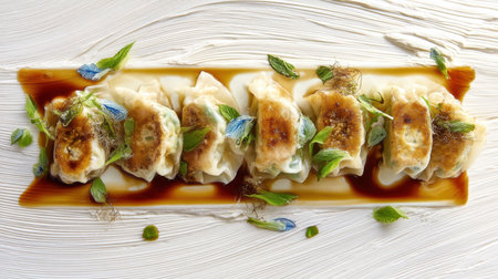 A visually appealing arrangement of dumplings garnished with fresh herbs and drizzled sauce on a textured white background, ideal for culinary use.の素材
