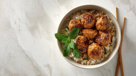Enjoy a bowl of flavorful meatballs on a bed of fluffy rice, garnished with fresh herbs. A perfect dish that captures the essence of comfort and culinary delight.の素材