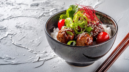 A beautifully arranged bowl featuring delicious meatballs over fluffy rice, topped with fresh cherry tomatoes and green onions, perfect for a gourmet meal.の素材