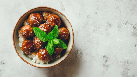 Indulge in this mouthwatering dish of meatballs served over fluffy rice, garnished with fresh mint leaves, showcasing vibrant colors and enticing flavors.の素材