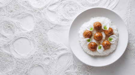Enjoy a stunning presentation of sweet Indian dessert featuring round balls, creamy coconut base, and mint garnish, all captured on a stylish minimalist plate.の素材