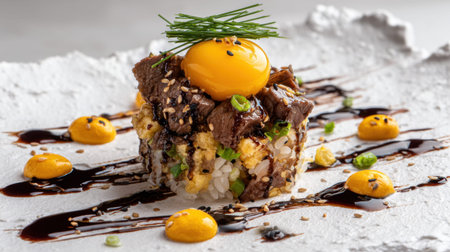 This gourmet sushi showcases a perfect balance of tender beef, a rich egg yolk, and a drizzle of sauce, creating an unforgettable dining experience for any food lover.の素材