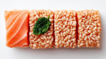 This image showcases a beautifully arranged sushi plate featuring fresh salmon slices and rice. It highlights gourmet Japanese cuisine with vibrant colors, ideal for food lovers.の素材