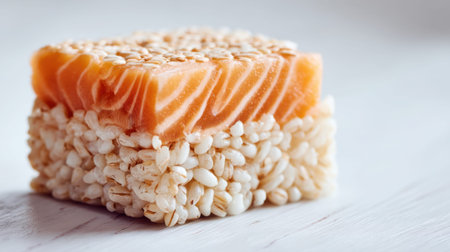 A stunning close-up of fresh salmon fillet placed on a crunchy rice puff base. This vibrant and appealing arrangement offers a stylish touch for food enthusiasts and culinary creators.の素材