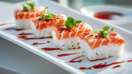 A beautiful sushi platter showcasing fresh salmon and rice adorned with herbs and sauce. Perfect for culinary presentations and food photography.の素材