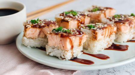 A beautifully arranged plate of sushi rolls featuring salmon, sesame seeds, and a savory sauce. Perfect for food lovers and culinary photography.の素材