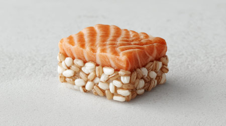 A beautifully arranged slice of fresh salmon rests atop a bed of grains, showcasing a modern culinary creation that emphasizes healthy eating and vibrant presentation.の素材