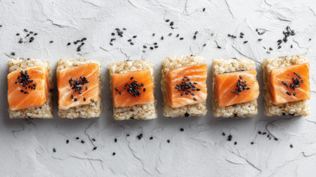 This captivating image features fresh sushi rolls topped with salmon and black sesame seeds, artfully arranged on a textured surface perfect for food enthusiasts.の素材