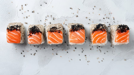 A vibrant arrangement of fresh salmon sushi rolls adorned with black sesame seeds on a textured white surface, perfect for showcasing culinary art and gourmet flavors.の素材