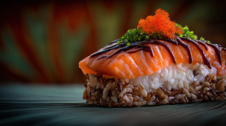 A vibrant sushi piece featuring salmon and rice, artfully plated with colorful toppings. Ideal for showcasing gourmet cuisine and culinary arts in photography.の素材