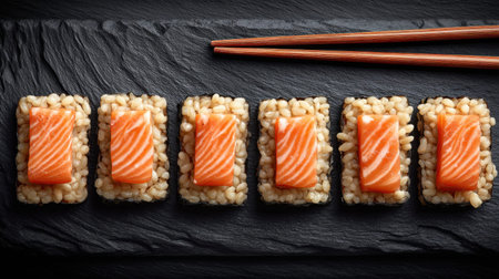 A close-up view of sushi showcasing vibrant salmon on rice, beautifully arranged on a black slate plate, complemented by traditional chopsticks for an elegant dining experience.の素材
