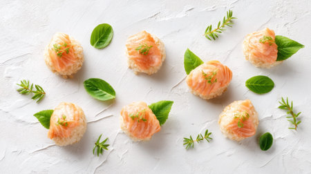 A visually appealing arrangement of sushi featuring salmon atop sushi rice, accented with fresh herbs, ideal for food photography and culinary inspiration.の素材