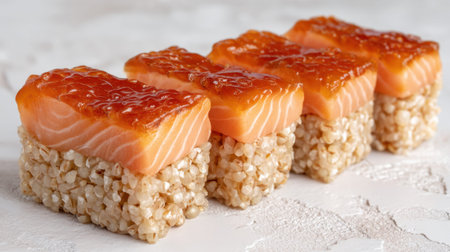 Indulge in this exquisite sushi display featuring fresh salmon atop perfectly seasoned rice, ideal for attracting food lovers and culinary enthusiasts.の素材