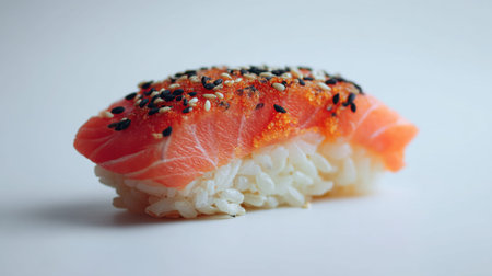A stunning piece of sushi featuring a slice of salmon placed over white rice. This culinary delight is garnished with sesame seeds, emphasizing freshness and flavor.の素材