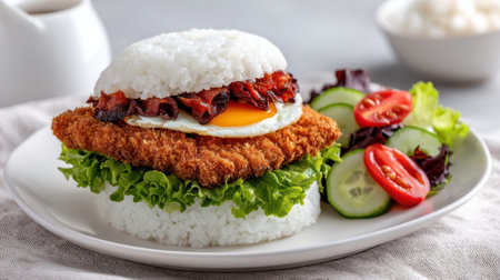 A visually appealing rice burger featuring crispy fried chicken, savory bacon, a sunny-side-up egg, and fresh vegetables served on a white plate. Perfect for food lovers.の素材