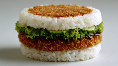 A unique rice sandwich features crispy layers, fresh vegetables, and a savory filling, highlighting culinary creativity and appealing textures for food lovers.の素材