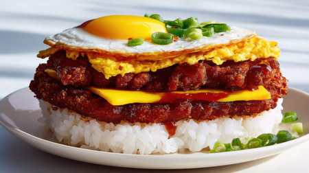 A mouthwatering Asian-inspired dish featuring a fried egg atop crispy meat, melted cheese, and fluffy rice, garnished with fresh green onions for added flavor.の素材