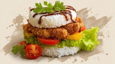 Delight in this artistic representation of a sushi burger featuring fried chicken, fresh vegetables, and rich sauce. Perfect for food lovers and culinary enthusiasts.の素材