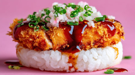 A mouth-watering display of crispy chicken resting on a bed of sushi rice, drizzled with sauce and vibrant green garnish, perfect for food photography inspiration.の素材