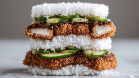 This captivating image showcases a rice sandwich layered with crispy fried chicken and fresh cucumbers. Perfect for food enthusiasts and culinary creativity.の素材