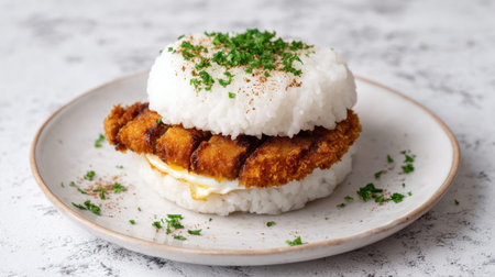 A mouthwatering rice sandwich featuring a crispy fried cutlet, fluffy rice, and fresh herbs. Perfect for a casual meal or a delicious snack, showcasing flavor and creativity.の素材