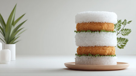 A visually appealing sushi-inspired creation featuring three layers of rice interspersed with fried components and fresh lettuce, perfect for diverse culinary presentations.の素材